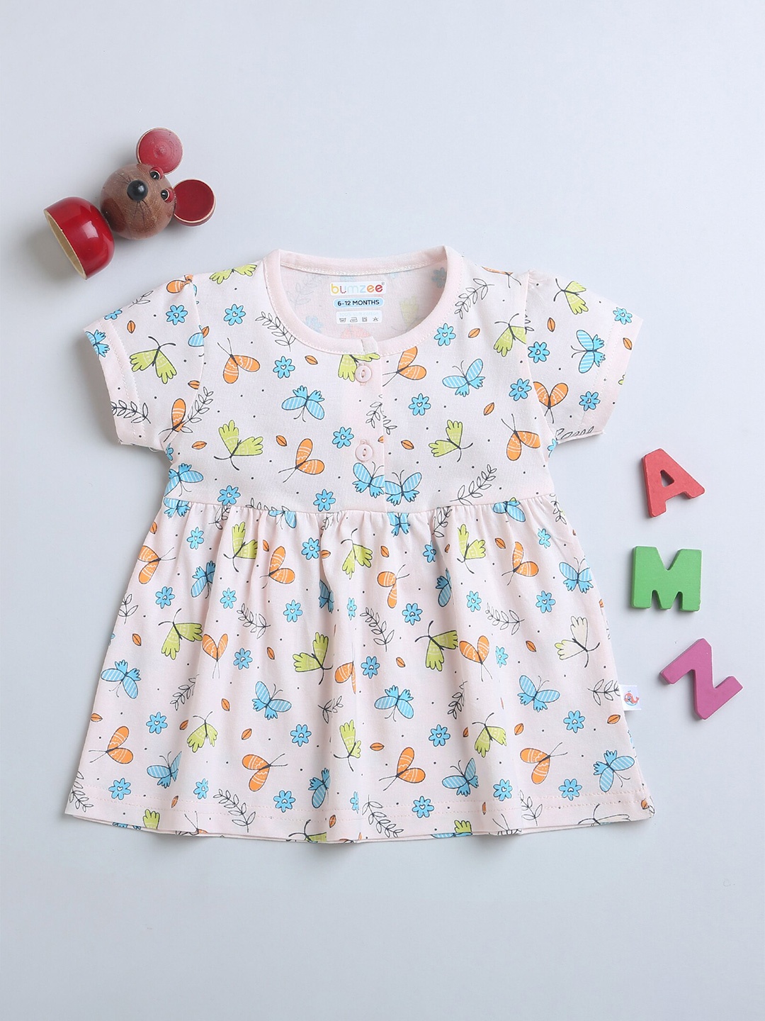 

BUMZEE Cotton Print Puff Sleeve Fit & Flare Dress, Peach