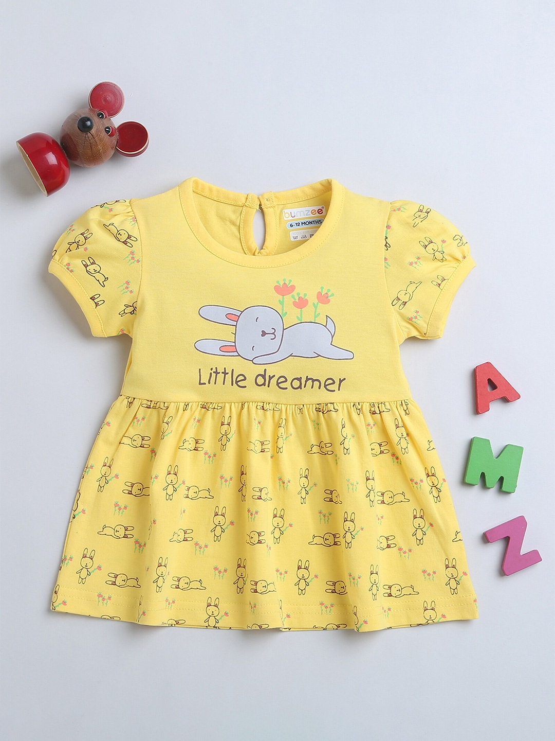 

BUMZEE Cotton Print Puff Sleeve Fit & Flare Dress, Yellow