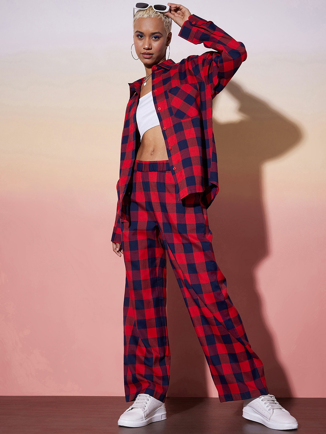 

SASSAFRAS alt-laze Pure Cotton Checked Shirt & Trousers Co-Ords Set, Red