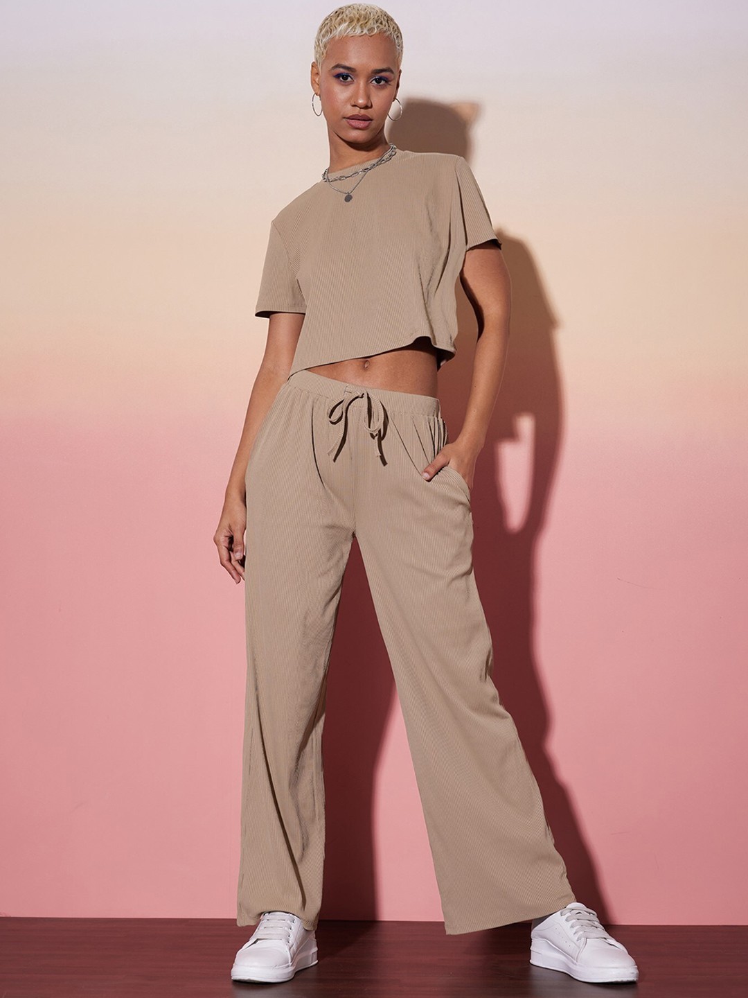 

SASSAFRAS alt-laze Self Design Round Neck T-shirt & Trousers, Beige