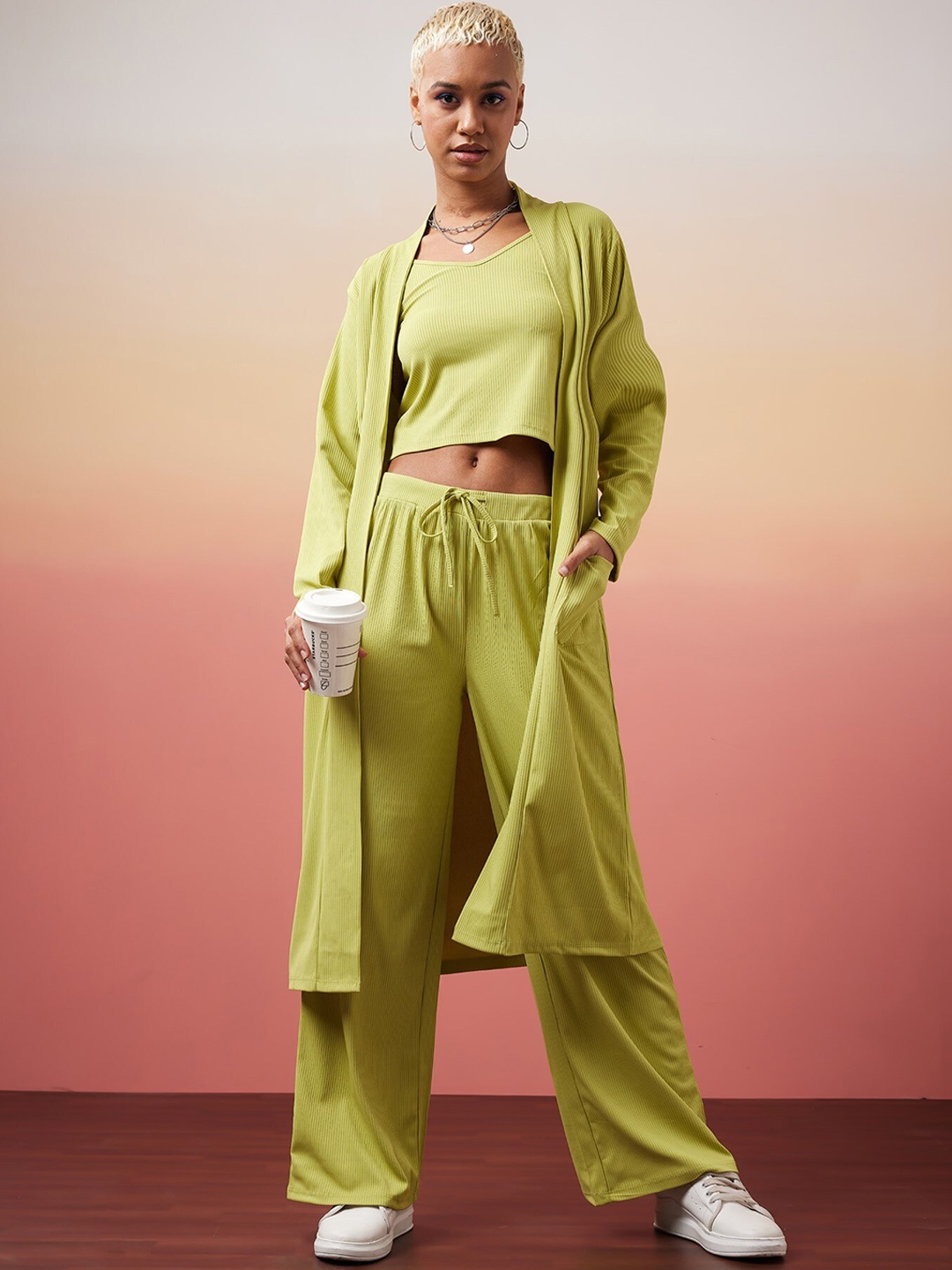 

SASSAFRAS alt-laze Rib Strappy Crop Top With Shrug & Trousers Co-Ords Set, Green