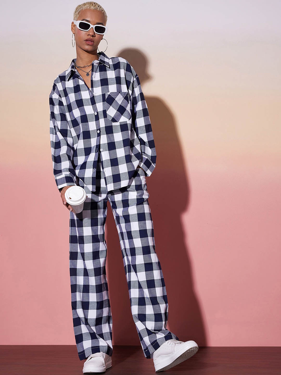 

SASSAFRAS alt-laze Pure Cotton Checked Shirt Collar Shirt & Trousers, White