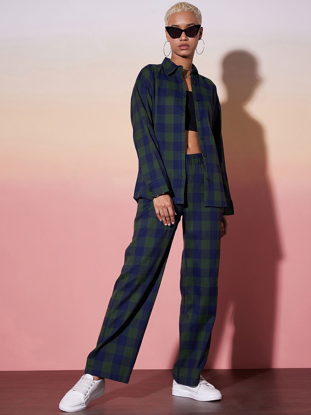 

SASSAFRAS alt-laze Pure Cotton Checked Long Sleeves Shirt & Trousers Co-Ords Set, Green