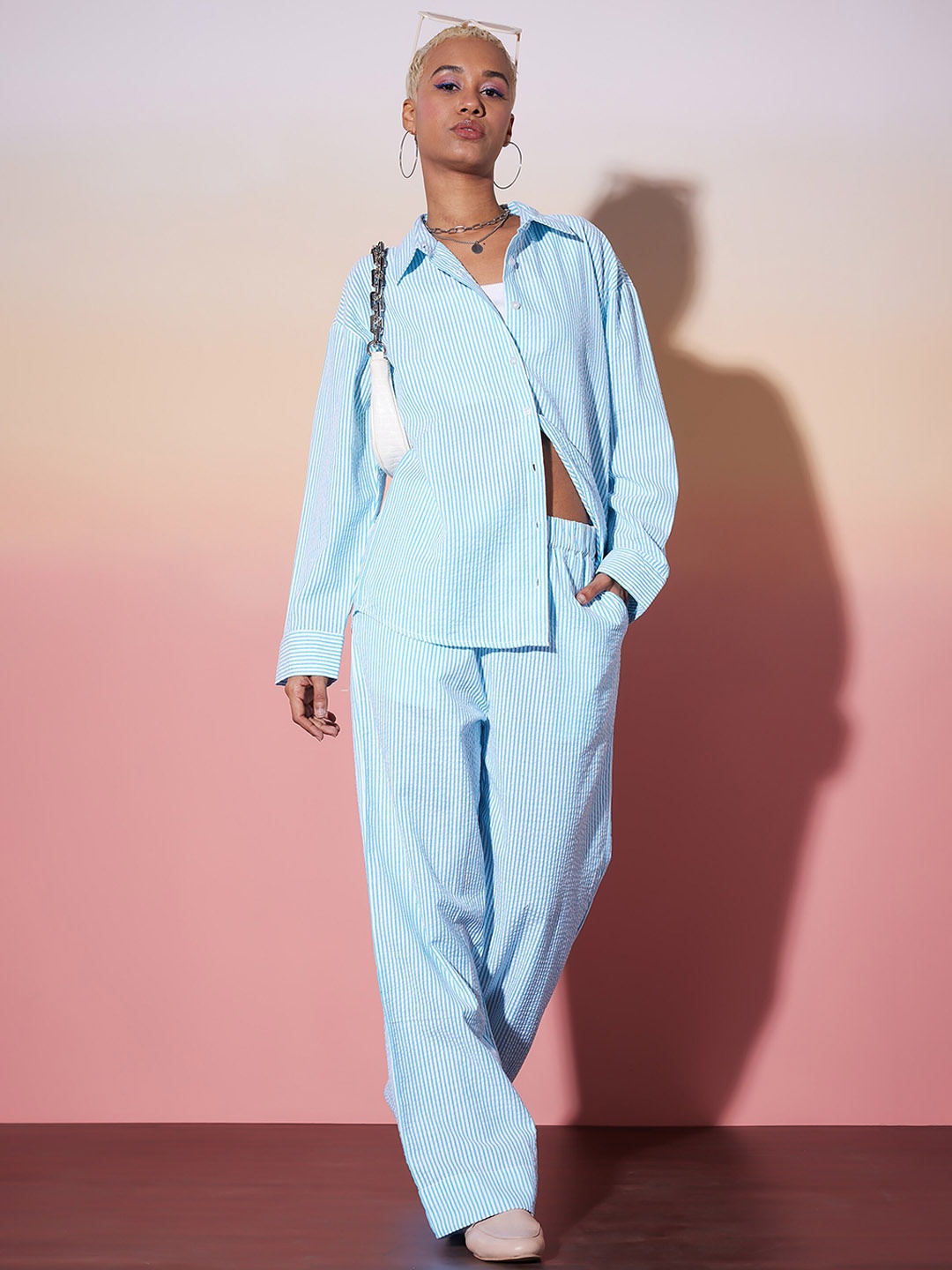 

SASSAFRAS alt-laze Pure Cotton Striped Long Sleeves Shirt & Trousers, White