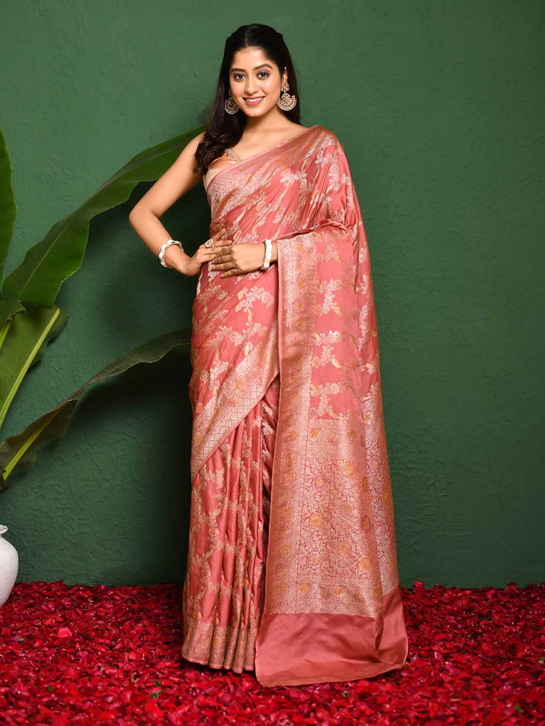 

Rasm by Muskaan Woven Design Zari Pure Silk Banarasi Saree, Rose