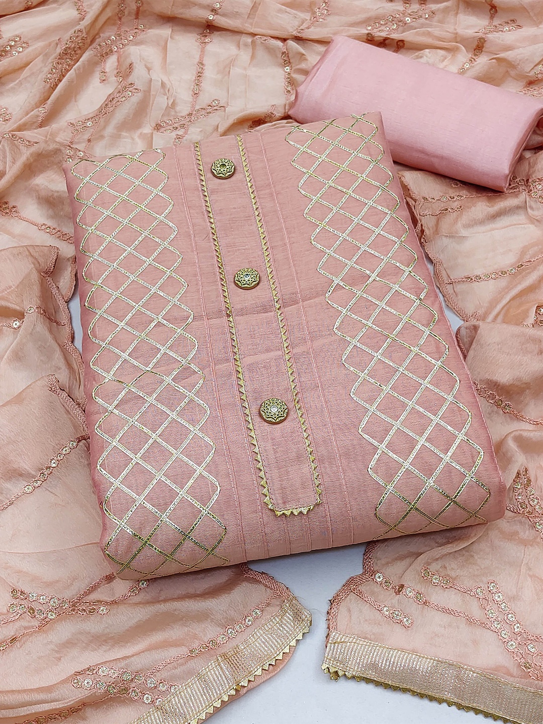 

KIMISHA Checked Sequined Unstitched Dress Material, Peach