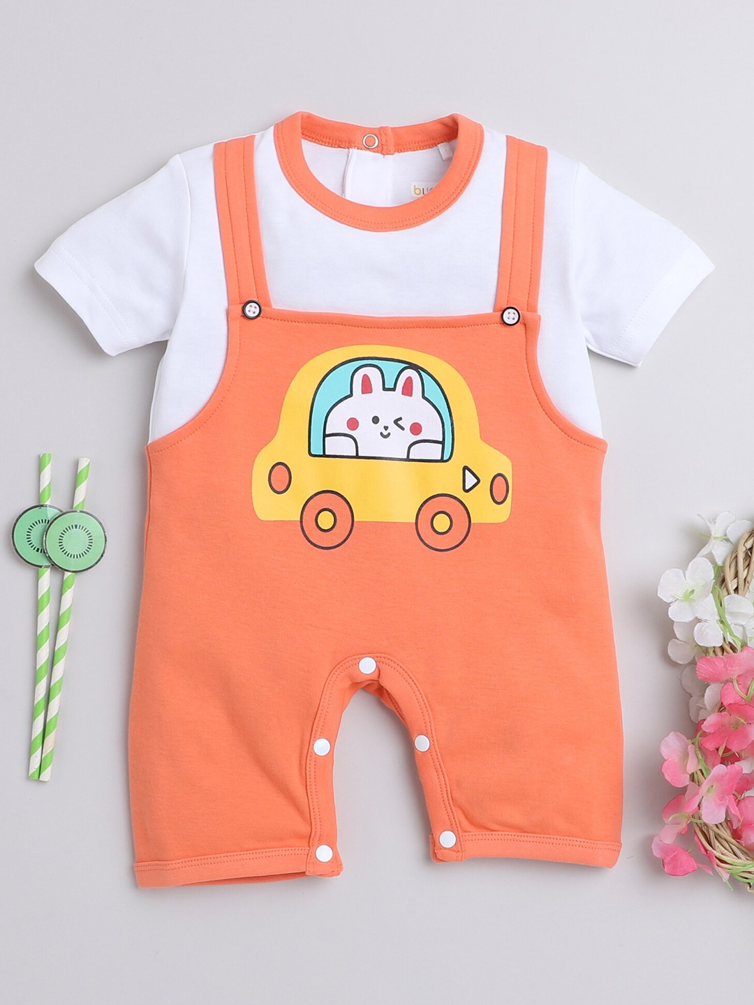 

BUMZEE Infant Boys Printed Pure Cotton Rompers, Orange