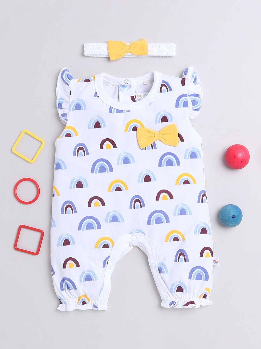 

BUMZEE Girls Printed Cotton Rompers With Head Band, White