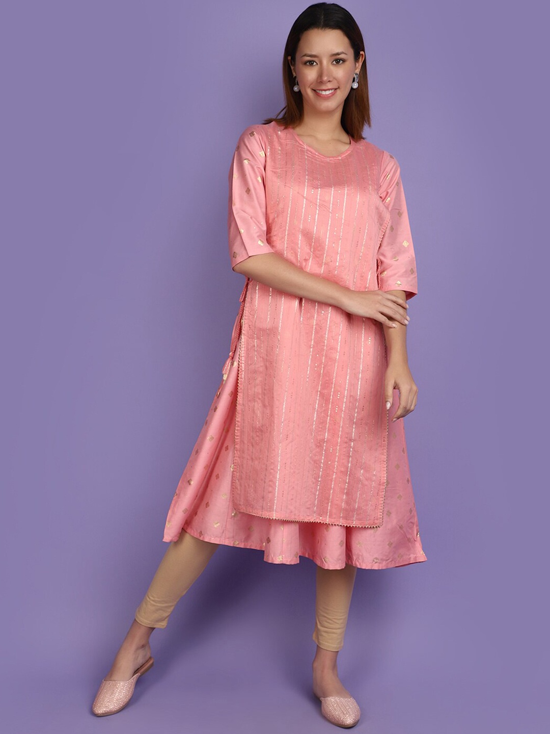 

V-Mart Striped Woven Design Sequinned Anarkali Cotton Kurta, Pink