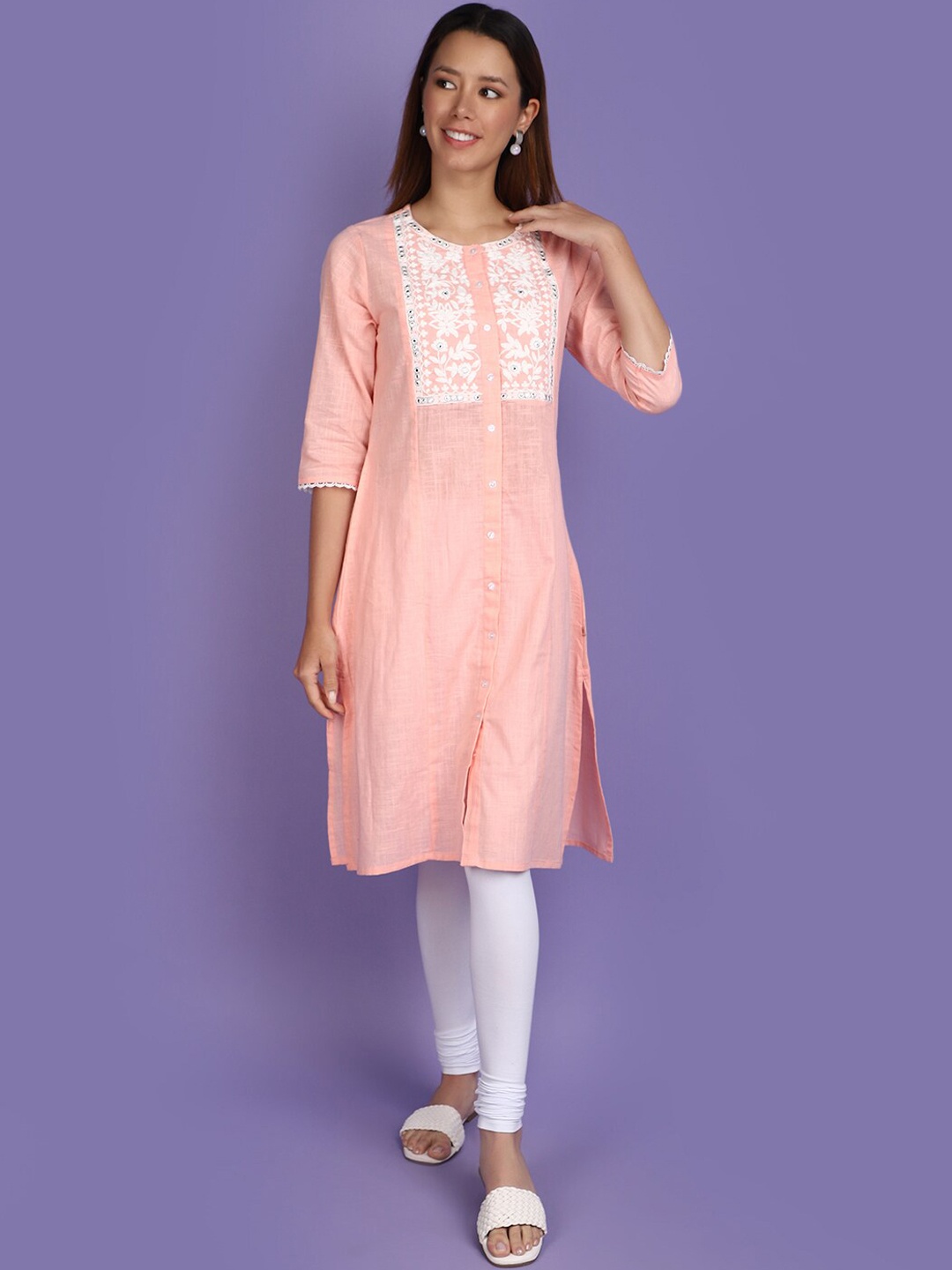 

V-Mart Yoke Design Thread Work Cotton A-Line Kurta, Pink