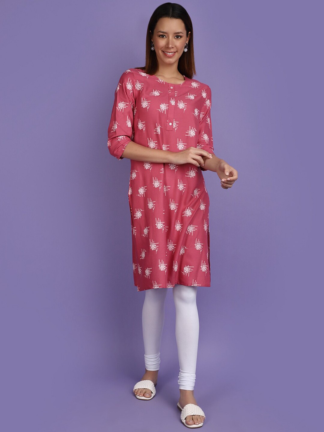 

V-Mart Ethnic Motif Printed Round Neck Straight Kurta, Pink