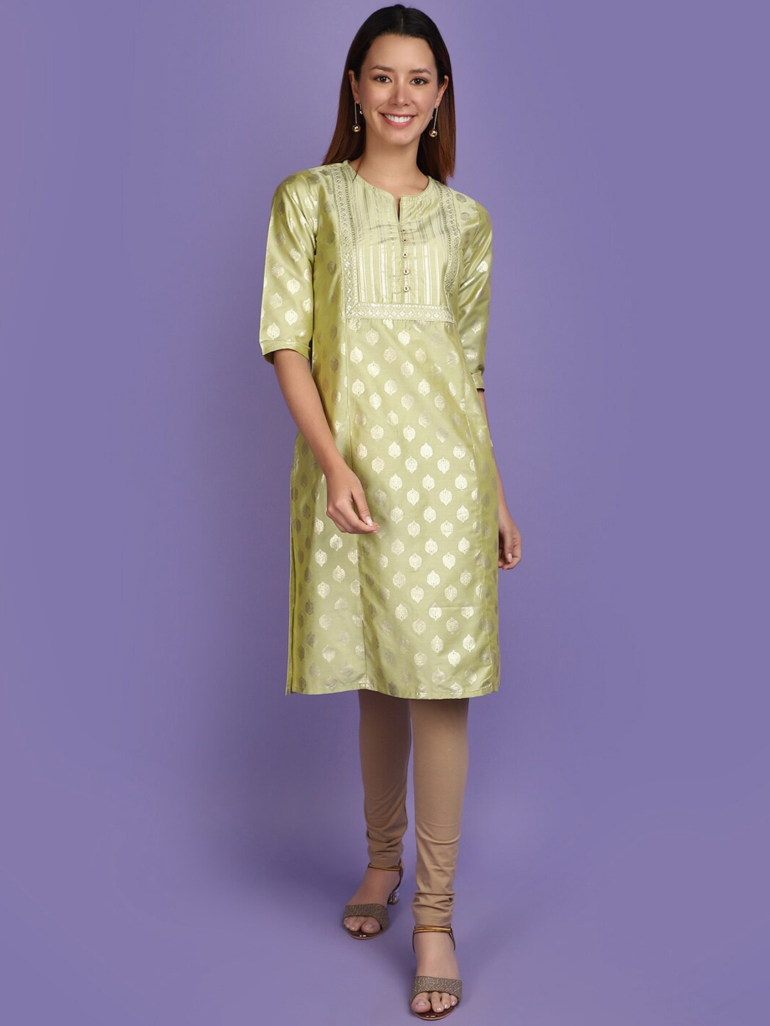 

V-Mart Round Neck Three Quarter Sleeves Ethnic Printed Yoke Design Cotton Kurta, Green