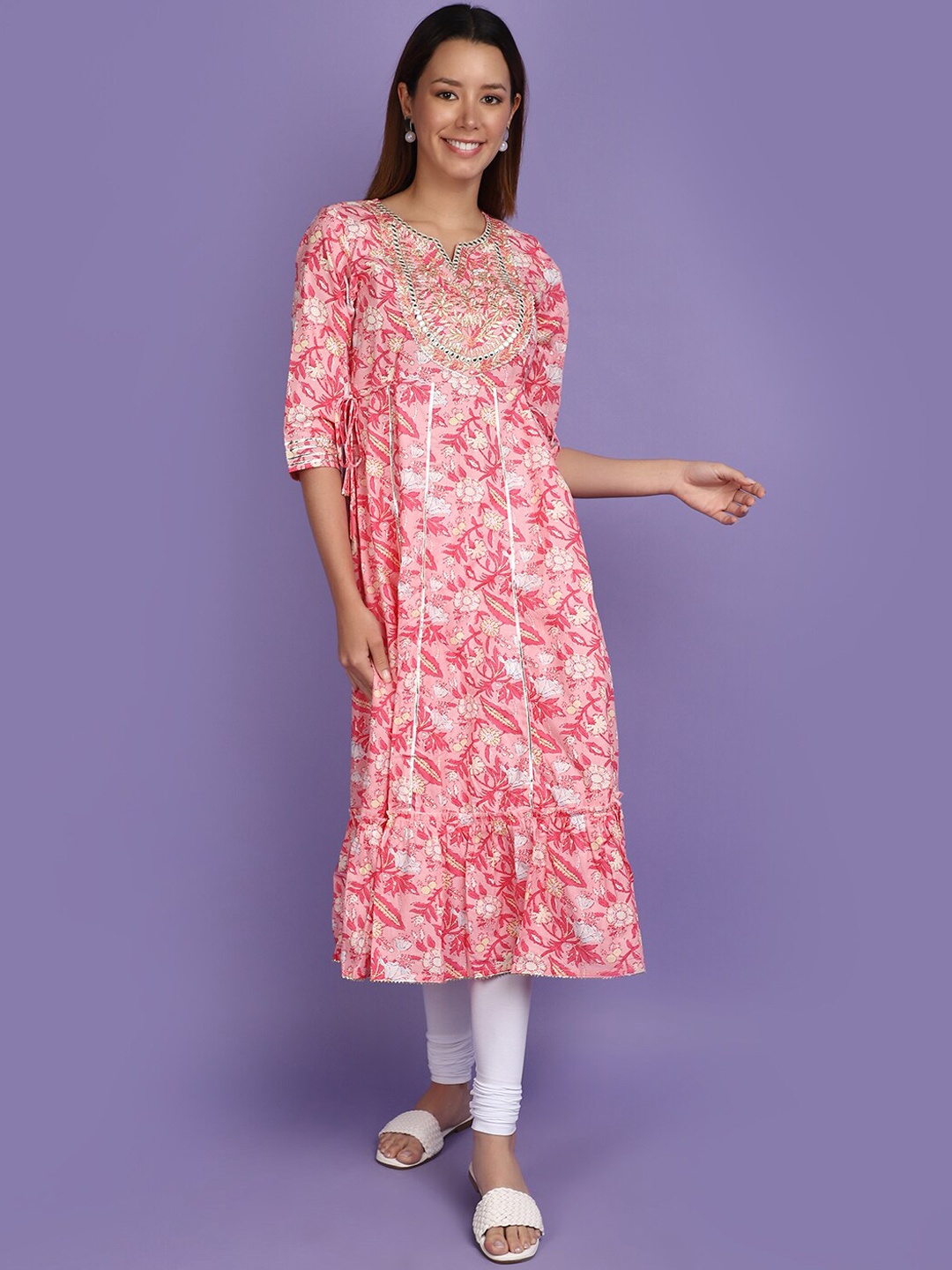 

V-Mart Paisley Printed Notch Neck Cotton Anarkali Kurta, Pink