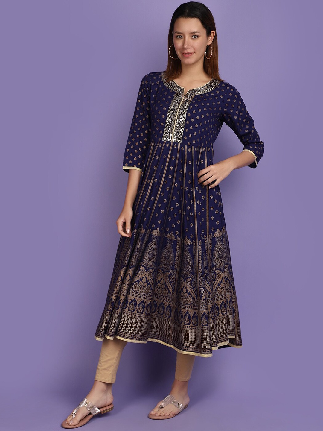 

V-Mart Notch Neck Ethnic Printed Sequined Anarkali Kurta, Blue