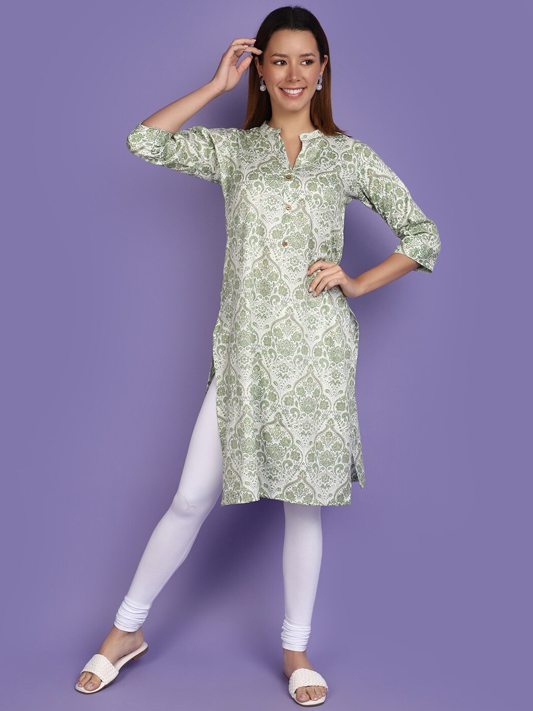 

V-Mart Floral Printed Mandarin Collar Straight Kurta, Cream