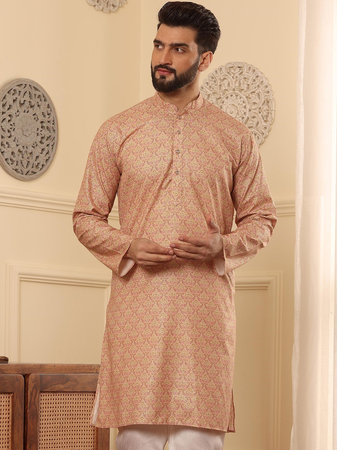 

Armaan Ethnic Ethnic Motifs Printed Mandarin Collar Long Sleeves Cotton Straight Kurta, Peach