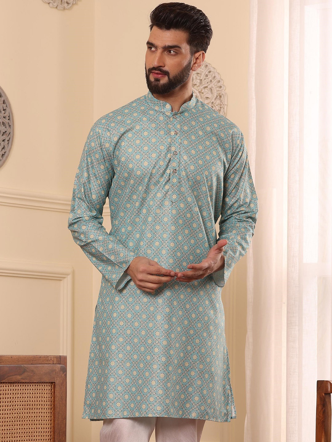 

Armaan Ethnic Ethnic Motifs Printed Mandarin Collar Long Sleeves Cotton Straight Kurta, Blue