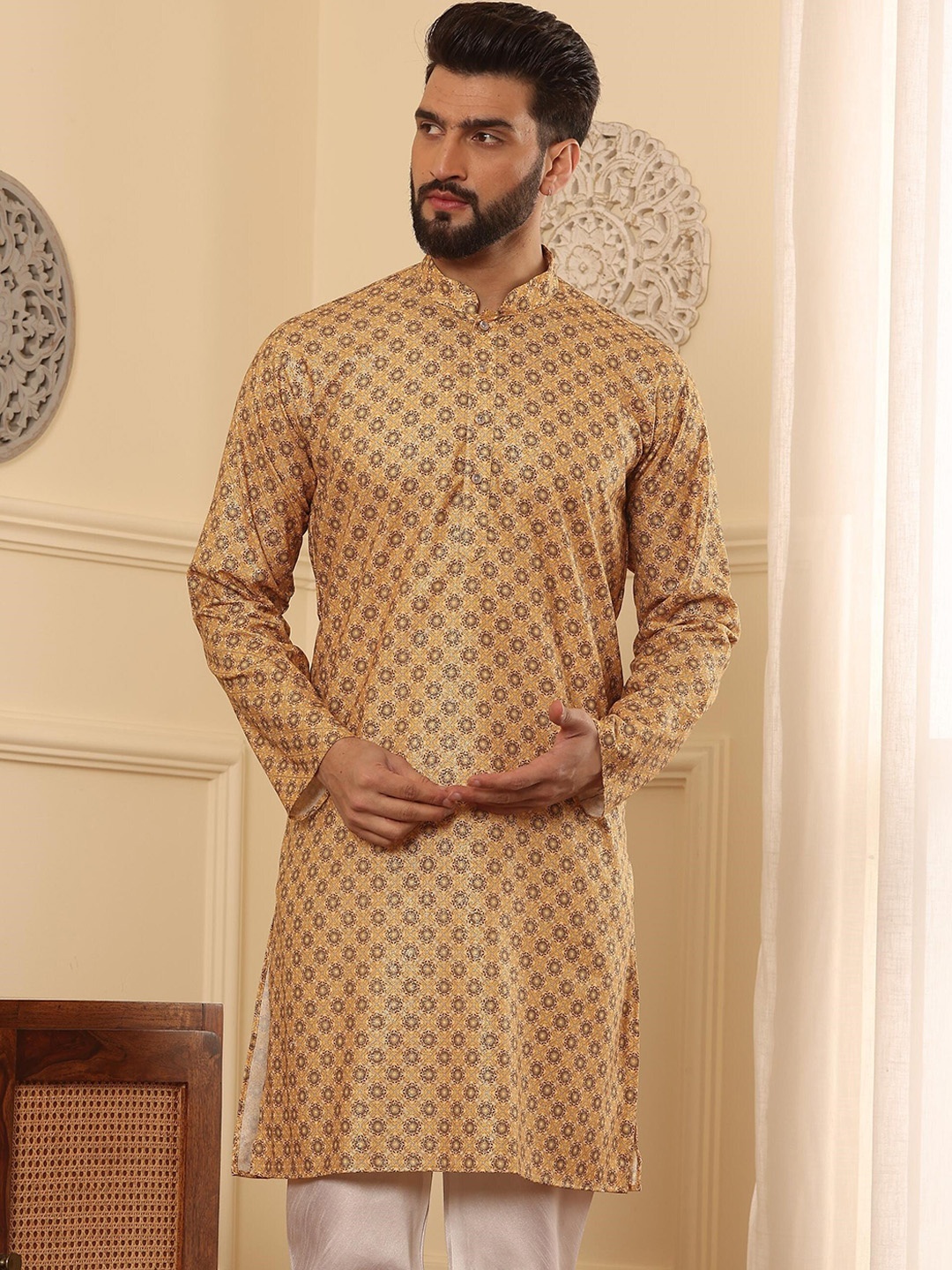 

Armaan Ethnic Ethnic Motifs Printed Mandarin Collar Long Sleeves Cotton Straight Kurta, Gold