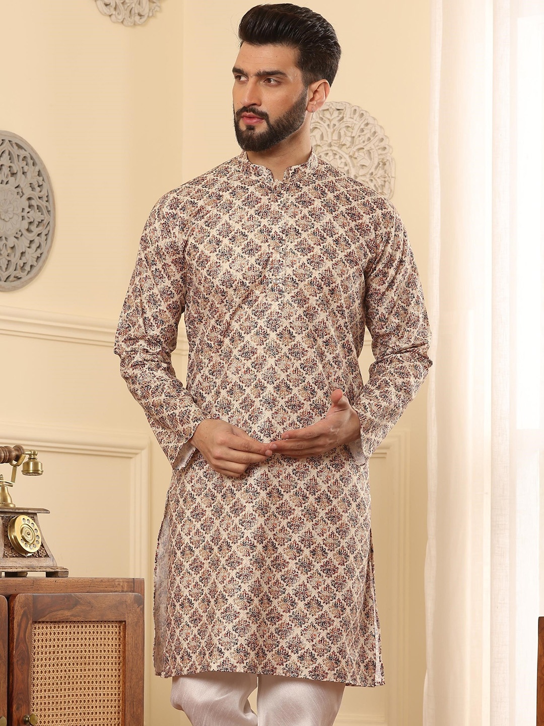 

Armaan Ethnic Ethnic Motifs Printed Mandarin Collar Long Sleeves Cotton Straight Kurta, Beige