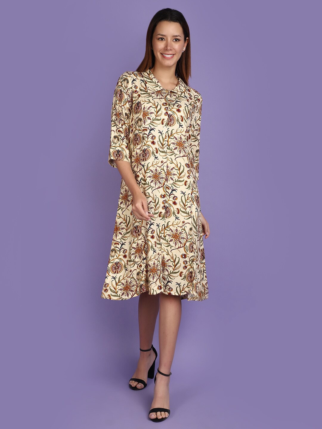 

V-Mart Ethnic Motifs Printed Shirt Midi Dress, Beige
