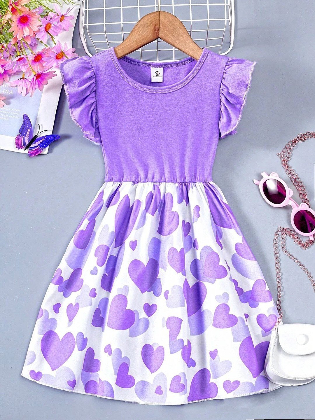 

BAESD Girls Floral Printed Round Neck Fit & Flare Flared Dress, Purple