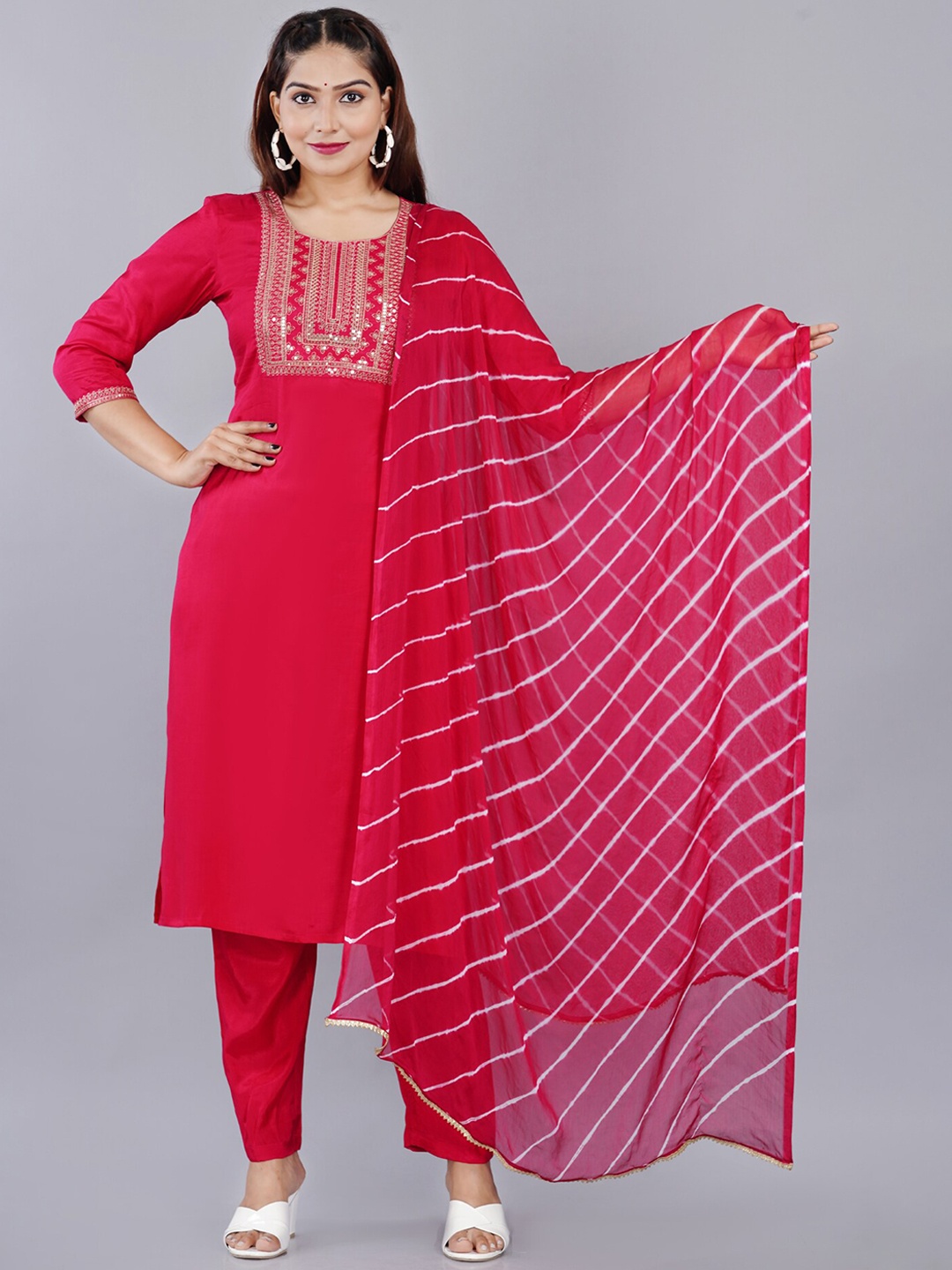 

SIDDHANAM Striped Embroidered Round Neck Straight Kurta With Trousers & Dupatta, Pink