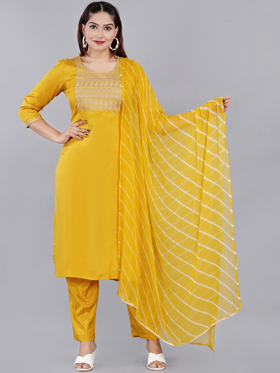 

SIDDHANAM Round Neck Floral Yoke Design Regular Kurta with Trousers & With Dupatta, Yellow