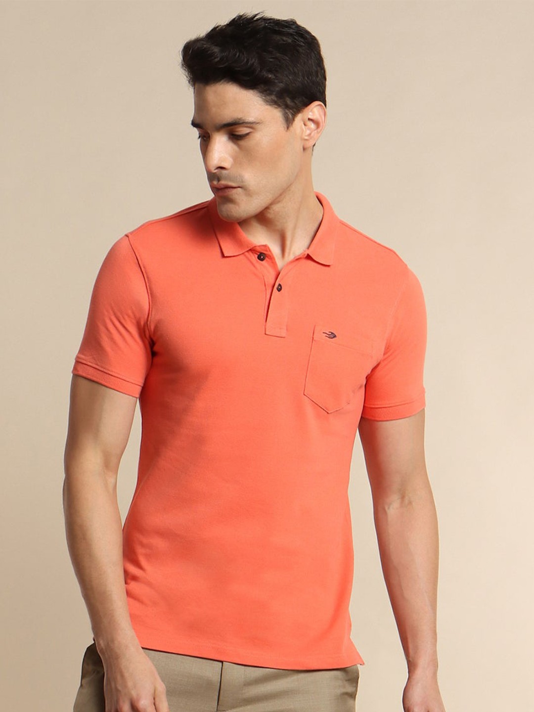 

Red Flame Polo Collar Short Sleeves Pockets Cotton Casual T-shirt, Coral
