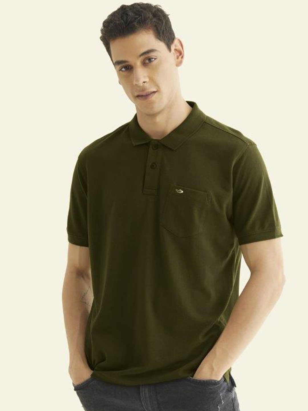 

Red Flame Men Polo Collar Extended Sleeves Pockets T-shirt, Olive