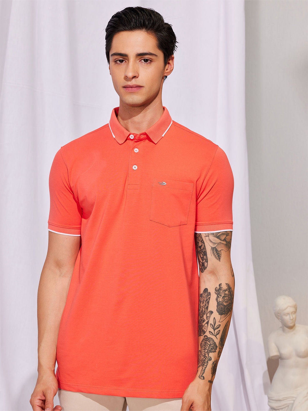 

Red Flame Men Polo Collar Pockets T-shirt, Orange