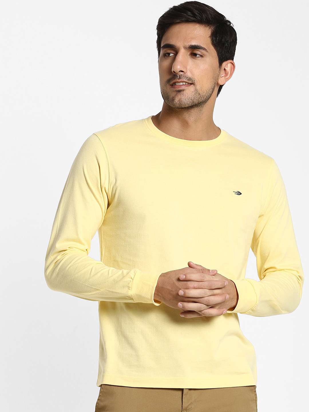 

Red Flame Round Neck Long Sleeves Relaxed Fit Raw Edge Cotton Casual T-shirt, Yellow
