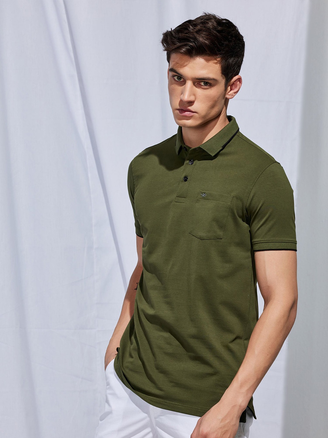 

Red Flame Men Polo Collar Pockets T-shirt, Olive