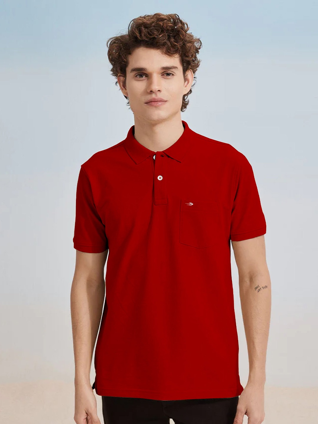 

Red Flame Polo Collar Short Sleeves Pockets Cotton T-shirt