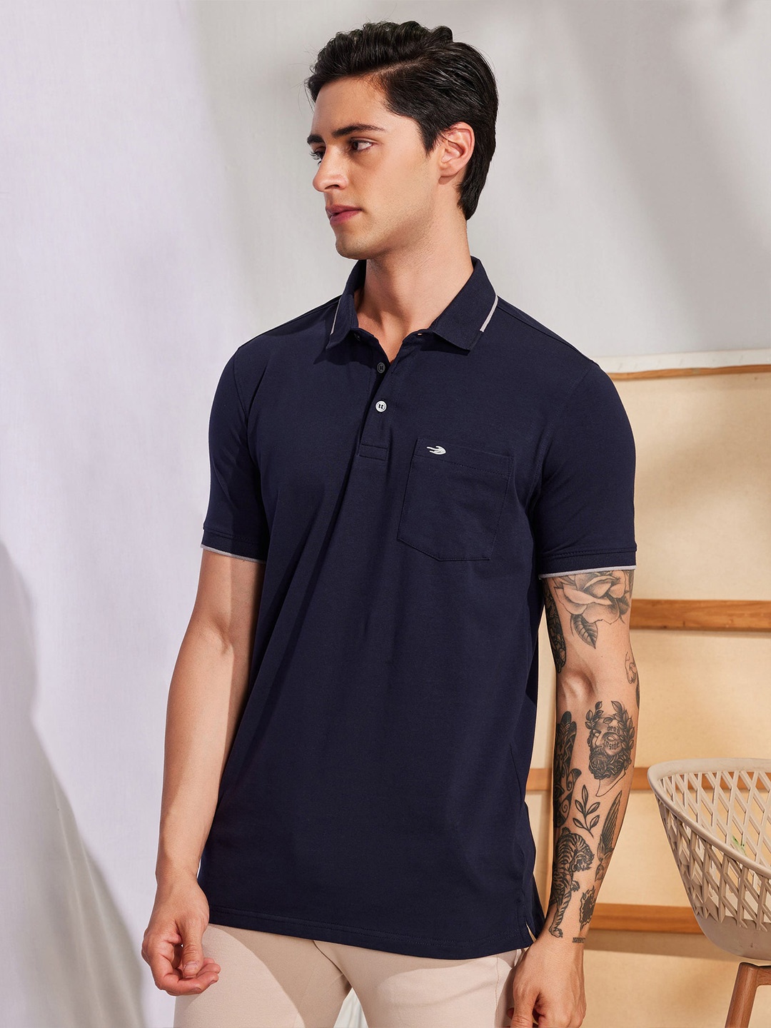 

Red Flame Polo Collar Pockets Cotton T-shirt, Blue