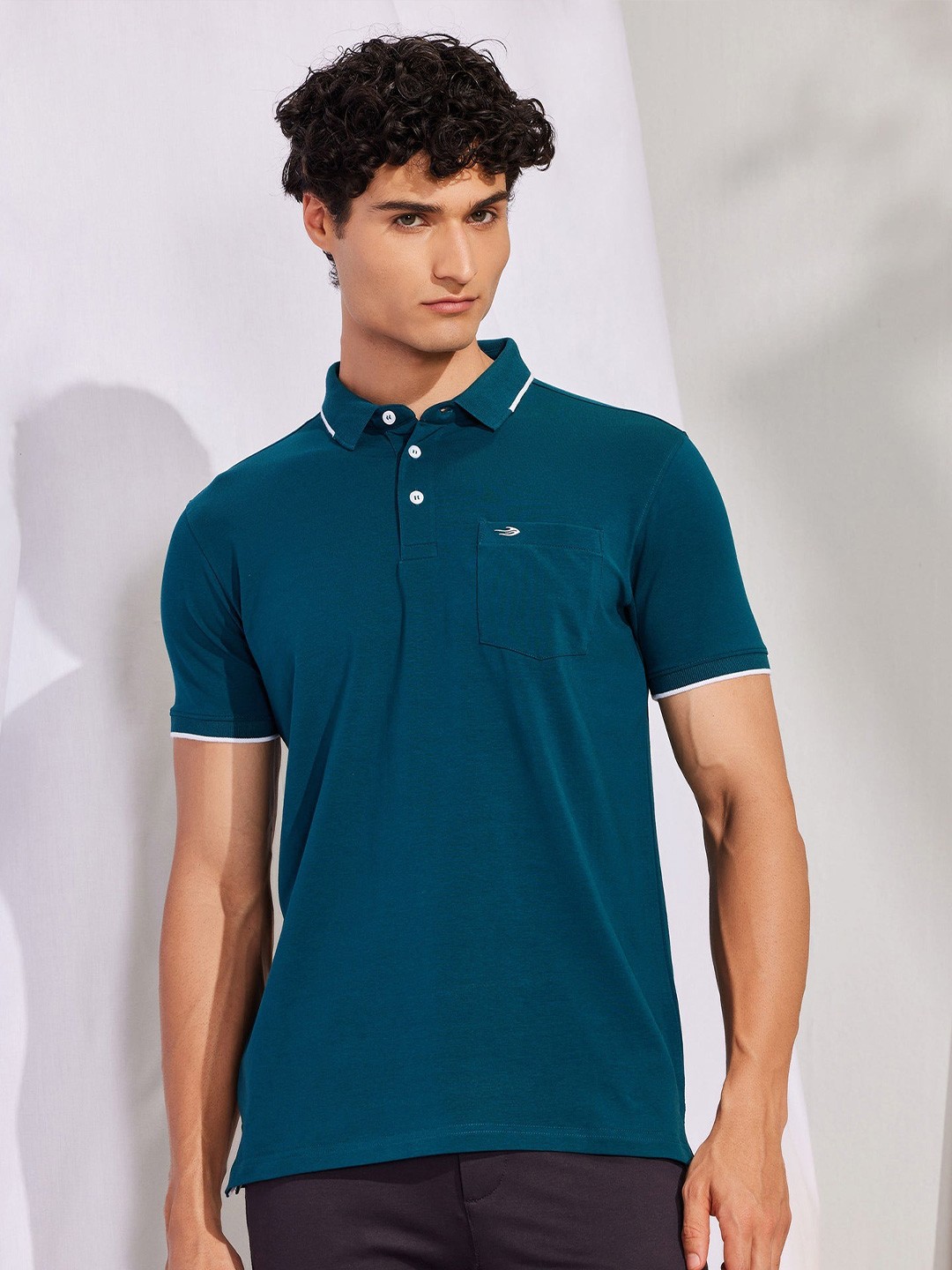 

Red Flame Men Polo Collar Pockets T-shirt, Teal