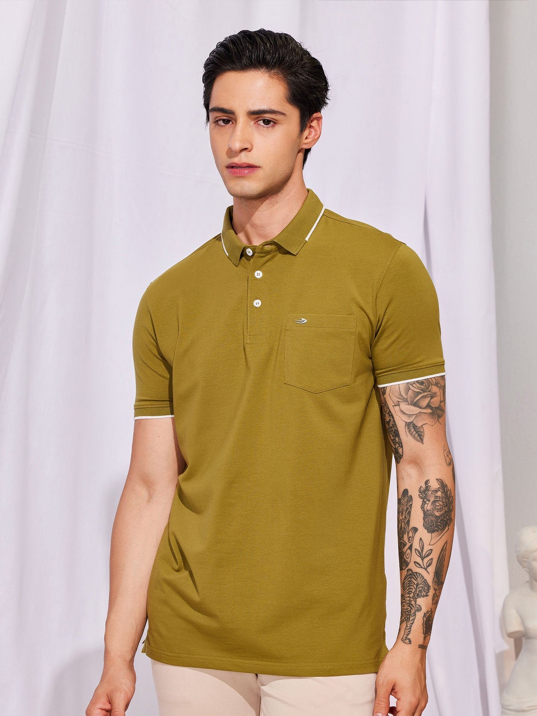 

Red Flame Men Polo Collar Pockets T-shirt, Olive
