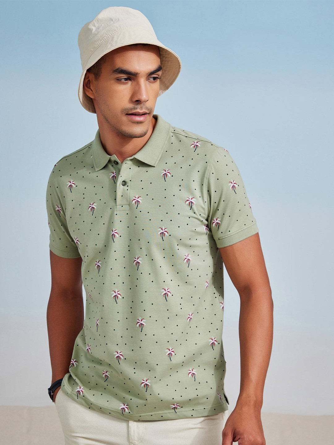 

Red Flame Men Printed Polo Collar T-shirt, Green
