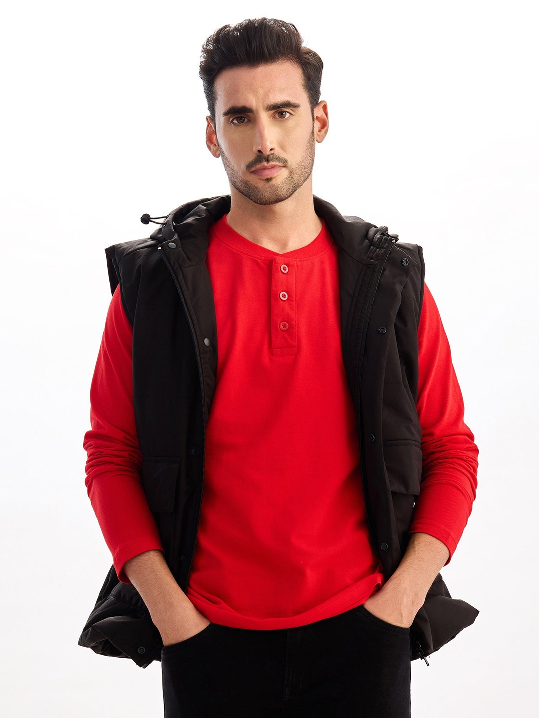 

Red Flame Men Henley Neck Applique T-shirt