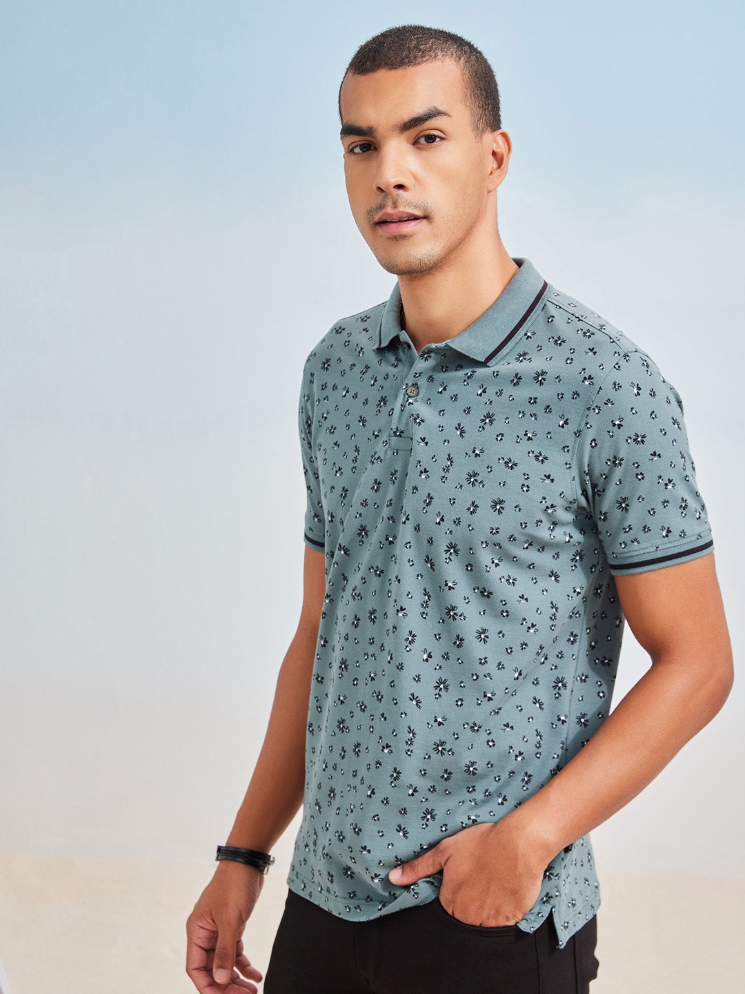

Red Flame Printed Polo Collar Cotton T-shirt, Grey