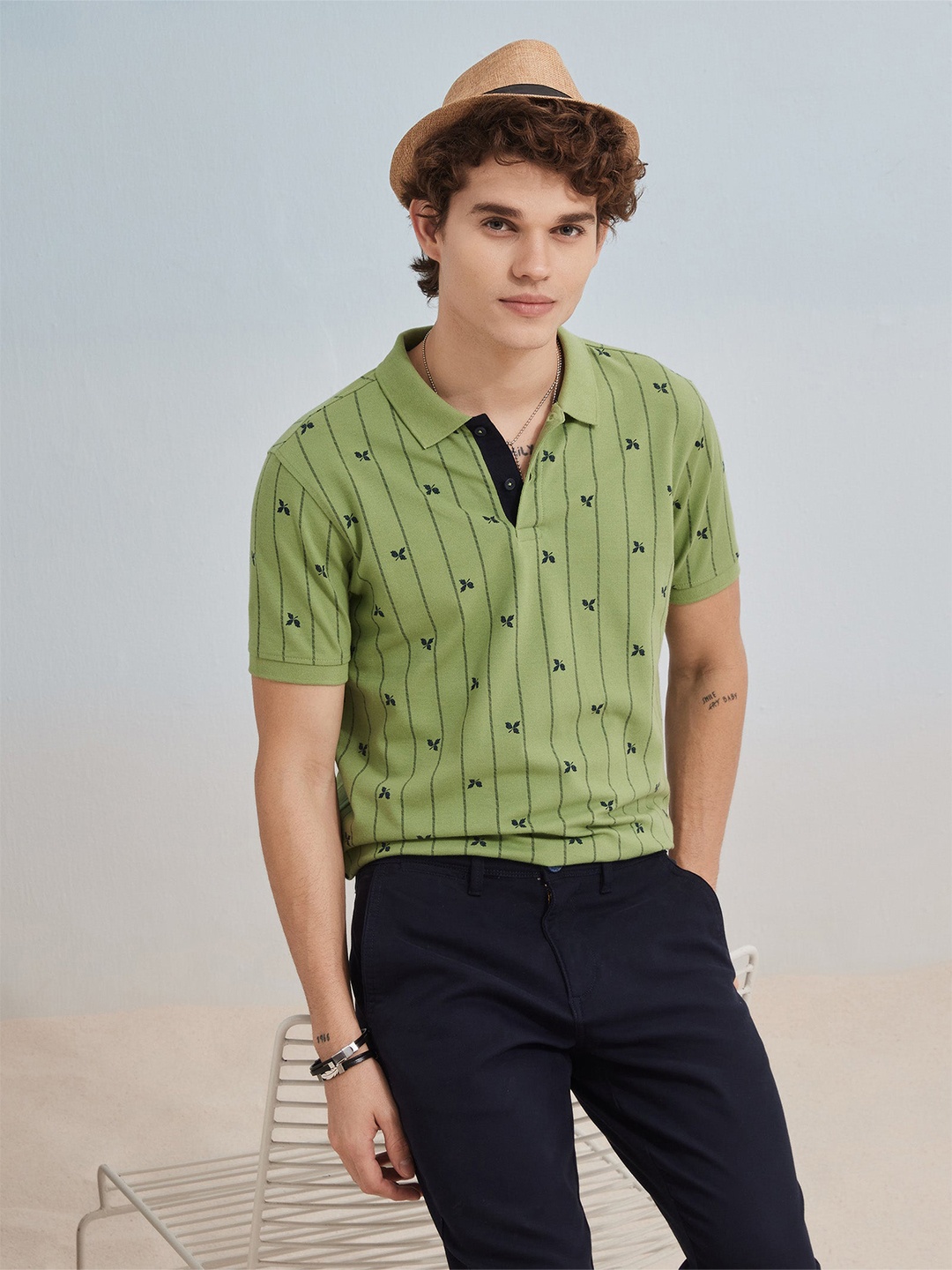 

Red Flame Printed Polo Collar Cotton T-shirt, Green