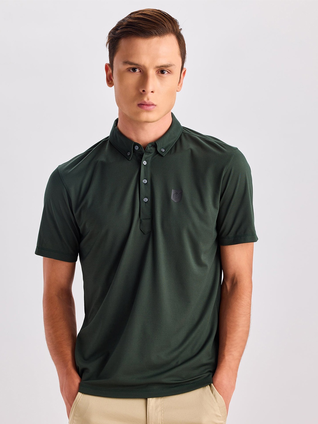 

Red Flame Men Polo Collar Applique T-shirt, Green