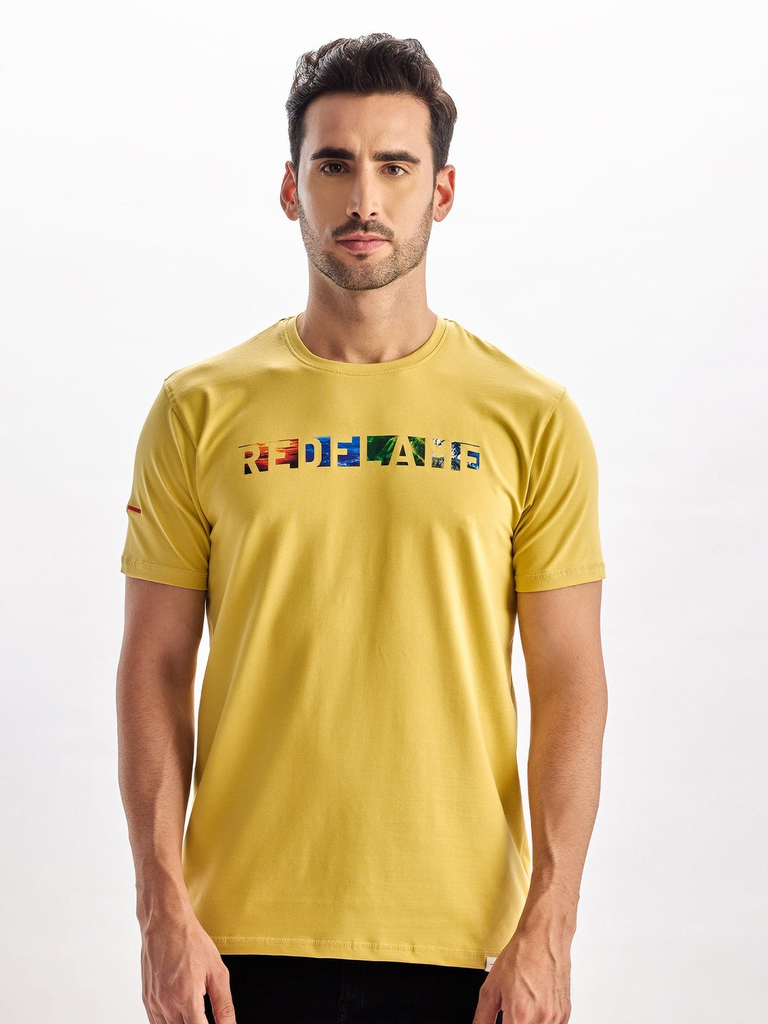 

Red Flame Men Typography T-shirt, Yellow