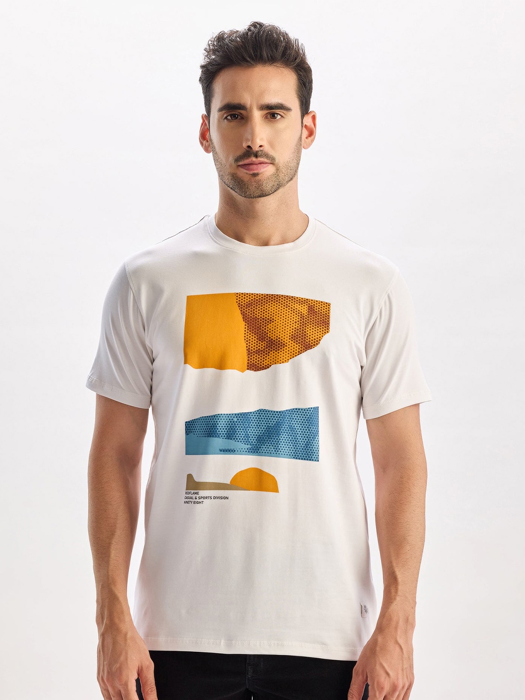 Red Flame Men Typography Printed Applique T-shirt, White