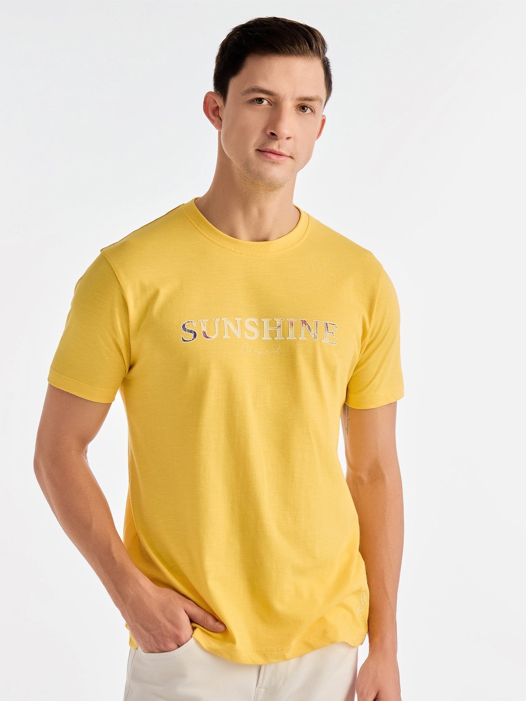 

Red Flame Men Typography Printed T-shirt, Yellow