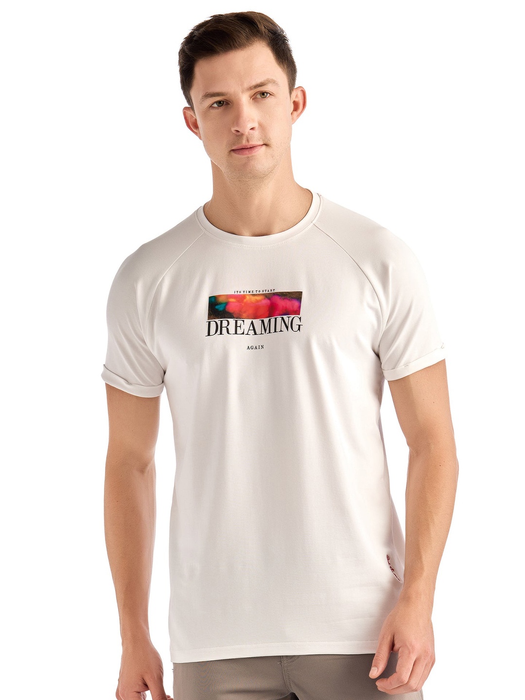 

Red Flame Men Typography Printed Applique T-shirt, White
