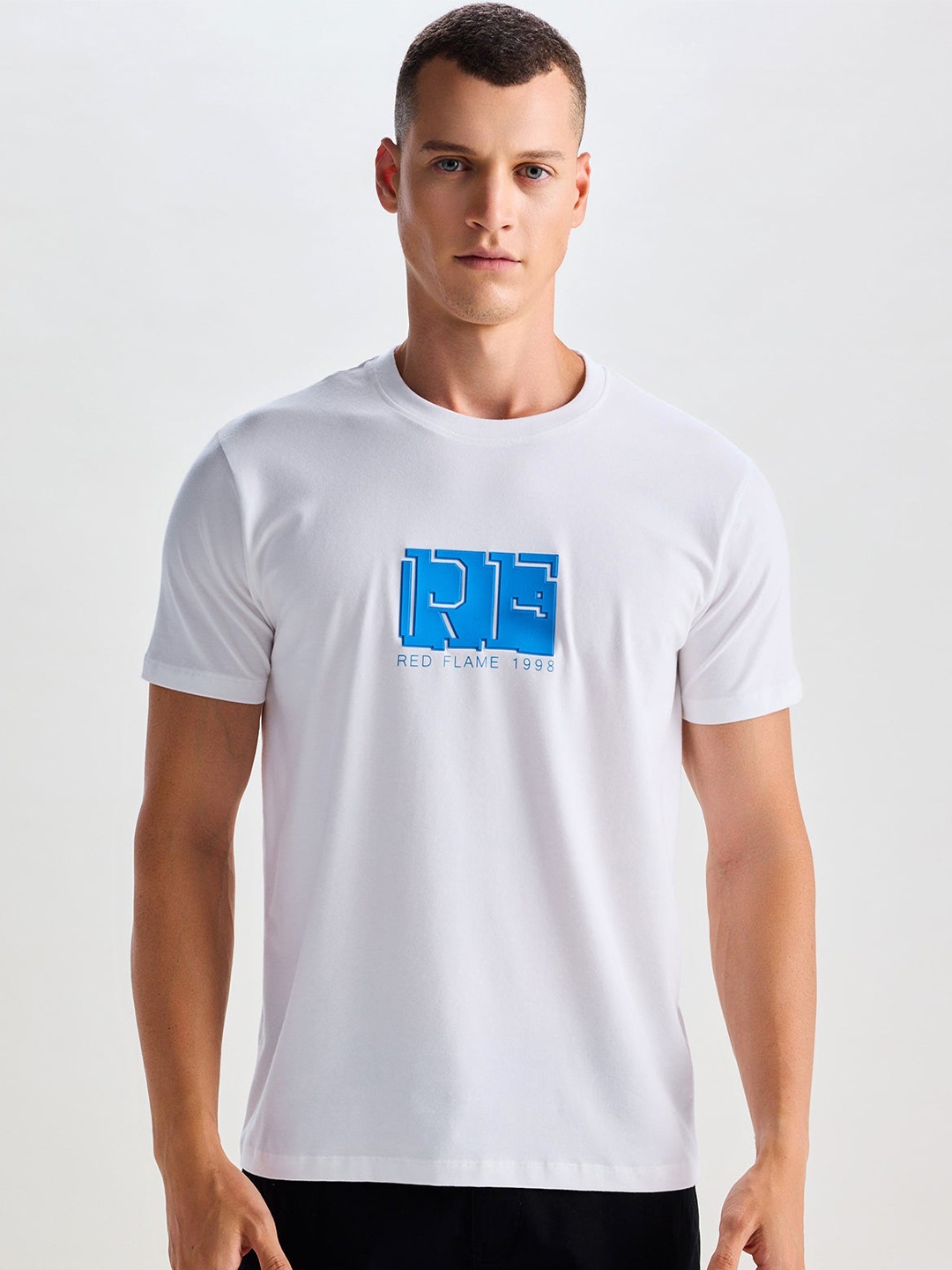 

Red Flame Typography Printed Round Neck Cotton T-shirt, White