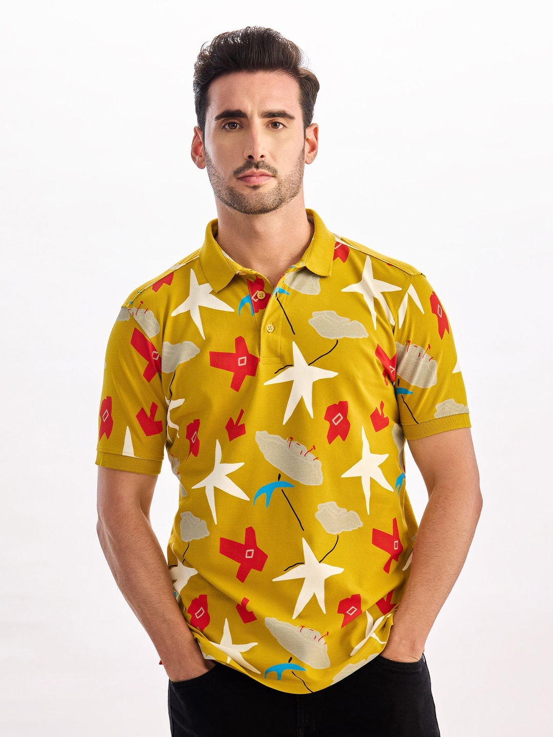 

Red Flame Men Printed Polo Collar Applique T-shirt, Mustard