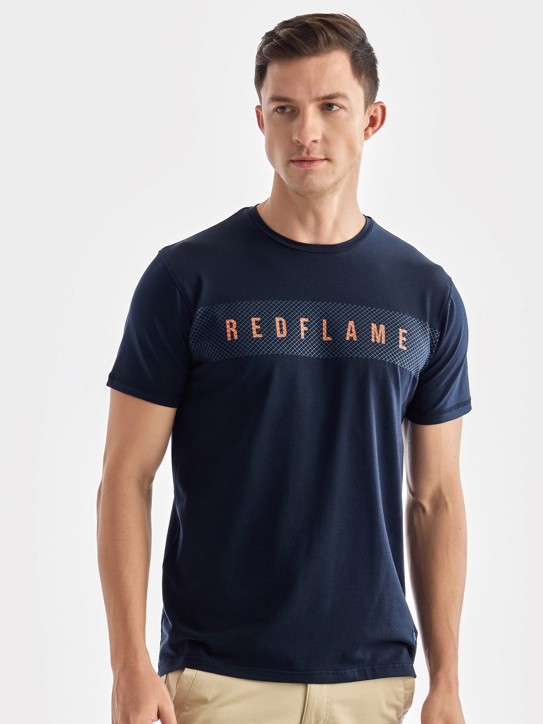 

Red Flame Men Typography Printed T-shirt, Navy blue