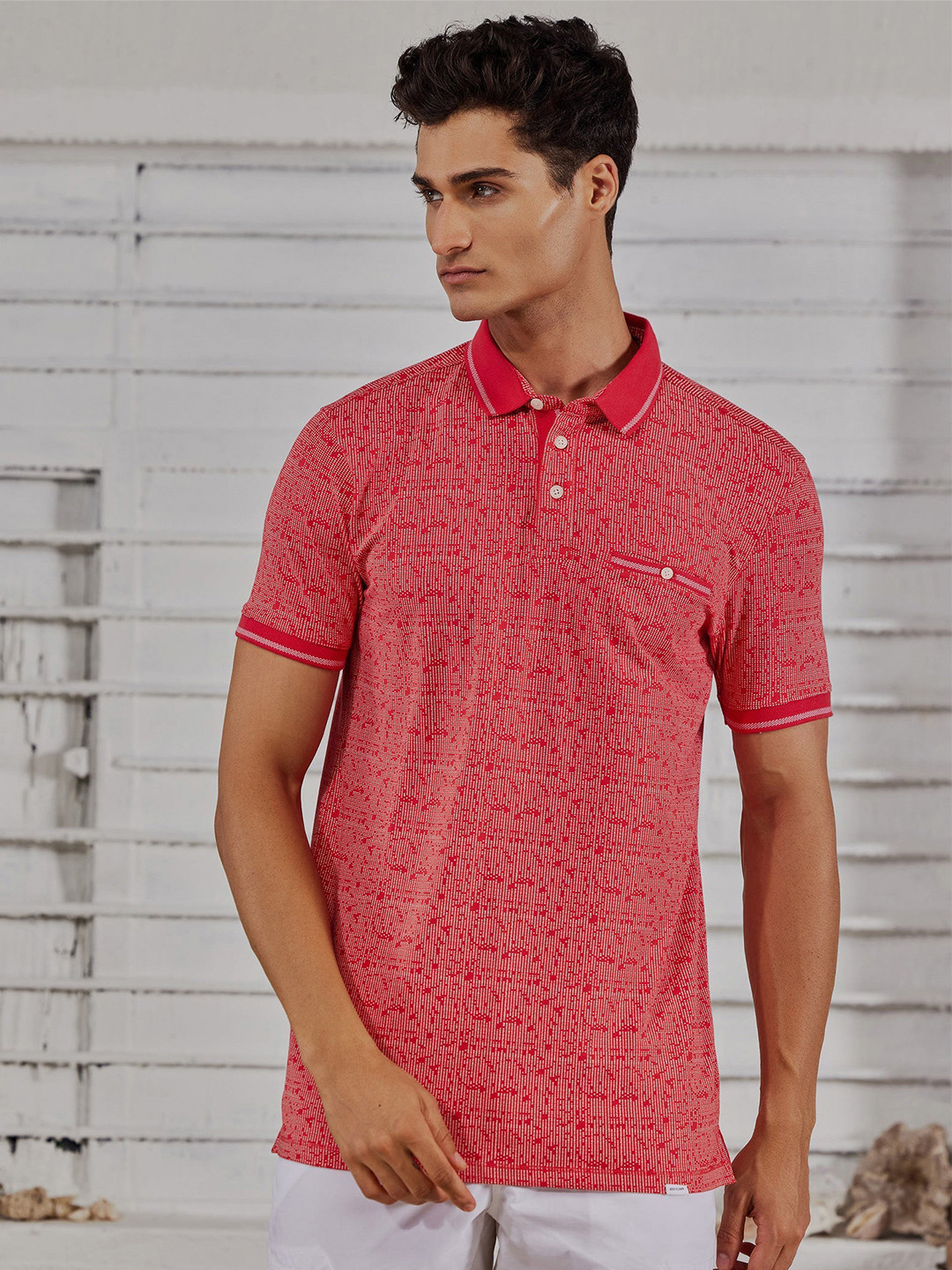 

Red Flame Men Striped Polo Collar Pockets T-shirt