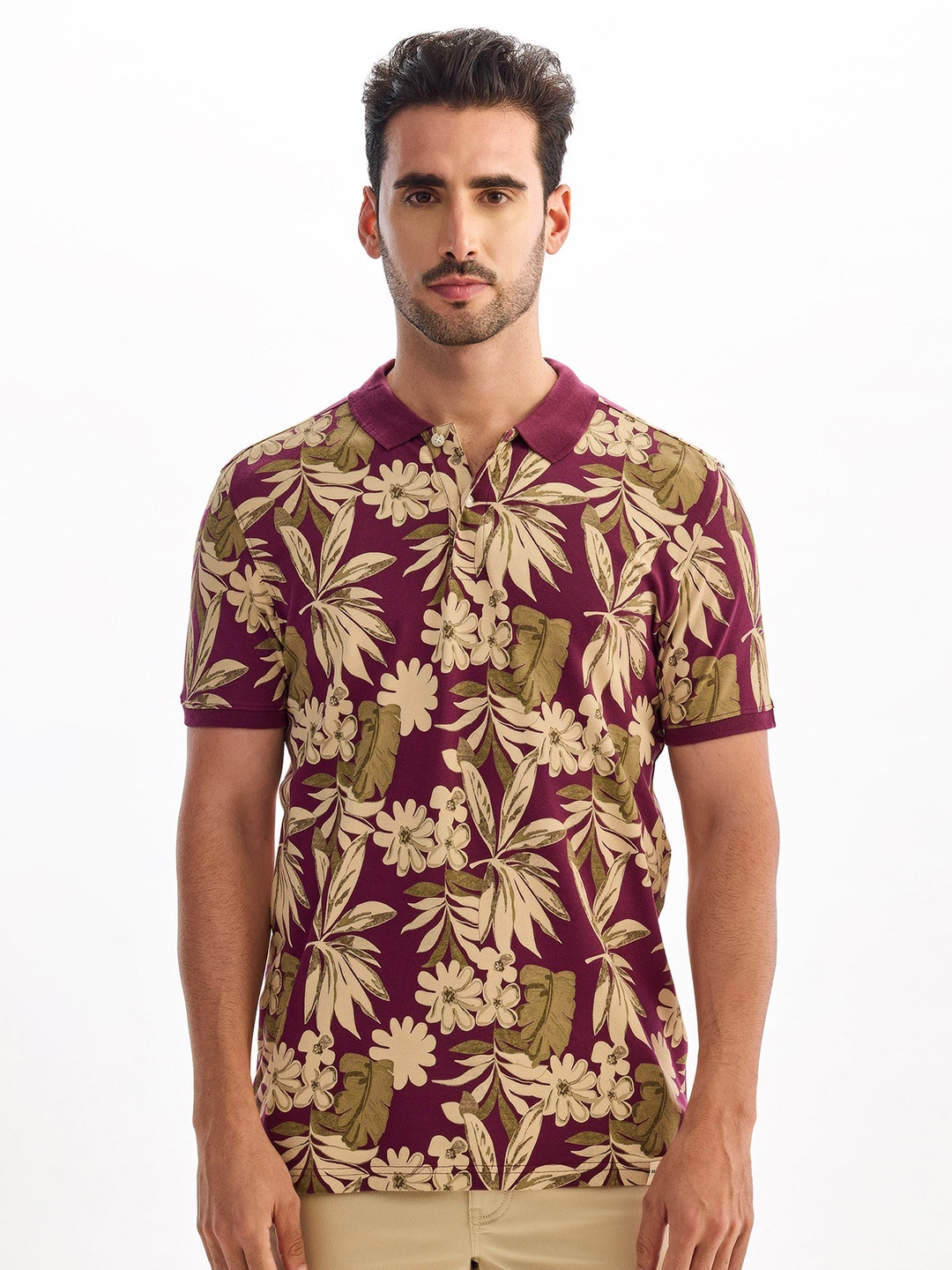 

Red Flame Men Floral Printed Polo Collar Tropical Pockets T-shirt, Purple